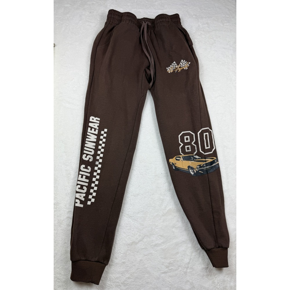 PacSun Mens Small Brown Racing Joggers Graphic Sweatpants Drawstring Cuffs